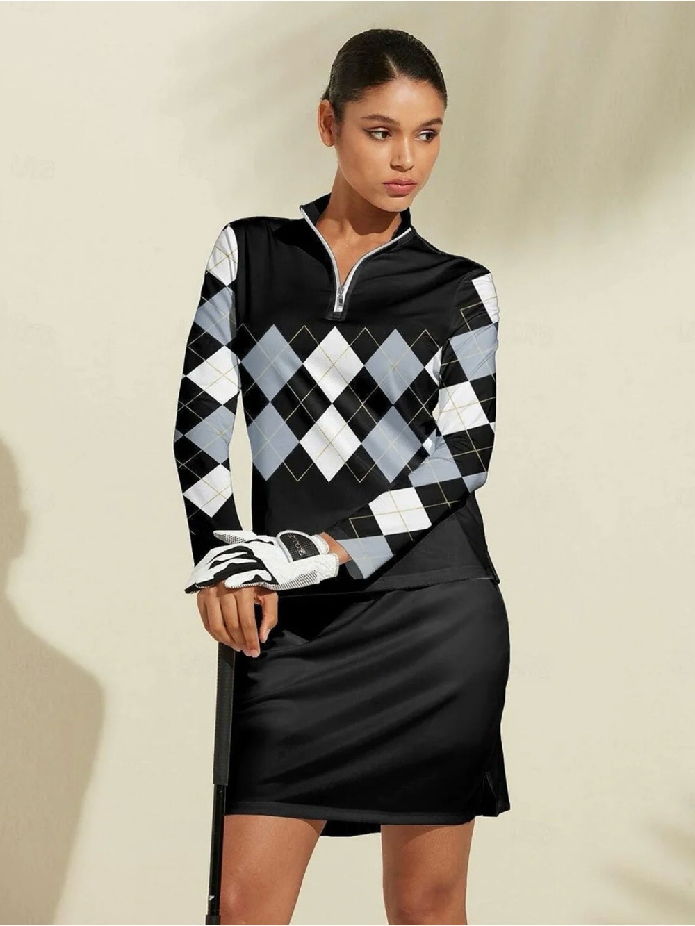 Acegolfs Women’s Long Sleeve Argyle Quarter-Zip Golf Pullover UPF 50